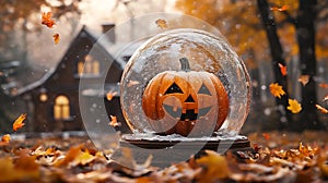 Pumpkin with a Happy Face Inside a Snow Globe photo