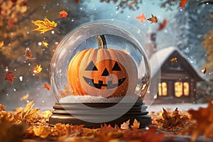 Pumpkin with a Happy Face Inside a Snow Globe photo