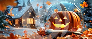 Pumpkin with a Happy Face Inside a Snow Globe photo