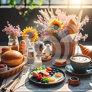 A whimsical putdoors breakfast, with meals and flowers on the table, bathed in warm sunlight