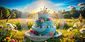 Whimsical Quinceaera Cake Photography Pastel Blue Landscapes Capture a Dreamy Celebration photo