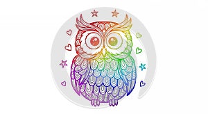Whimsical Rainbow Owl Illustration with Hearts and Stars