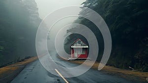 Whimsical Red House On Empty Road In Foggy Weather