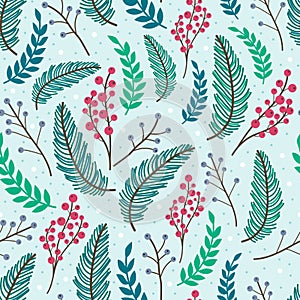 Whimsical repeating pattern. Christmas and winter theme. Plants, berries and leaves. Hand drawn style.