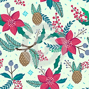 Whimsical repeating pattern. Christmas and winter theme. Plants, red flowers, pinecones, berries and branches. Hand drawn style.