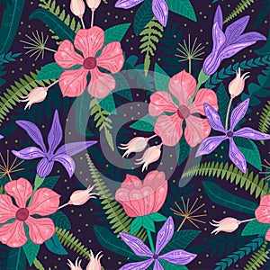 Whimsical repeating pattern. Floral composition. Hand drawn style. Vector illustration.