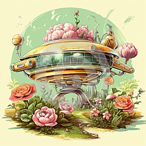 Whimsical retro UFO AI generated cartoon illustration artwork