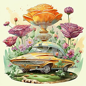 Whimsical retro UFO AI generated cartoon illustration artwork