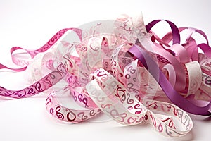 Whimsical ribbon patterns in shades of pink and purple on a white background