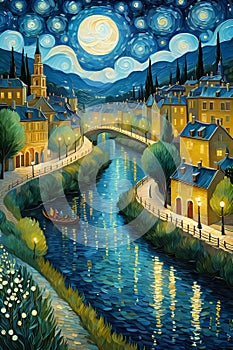 A whimsical river running through a city, starry night, bathed in moonlight, houses, mountain, boat, Van Gogh, painting art