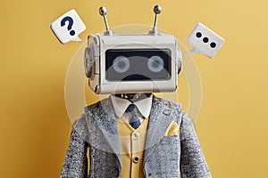 A whimsical robot in a suit with a questioning expression on a yellow background.