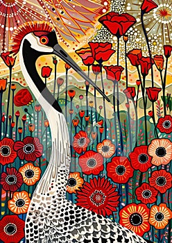Whimsical Sandhill Crane in Field of Flowers