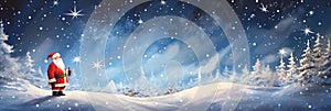 Whimsical Santa Claus in a Magical Snowy Landscape Christmas Backdrop Banner Illustration