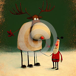 Whimsical Santa Claus and Rudolph with red noises in the snow - Generative AI Illustration