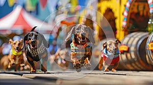 whimsical scene of dachshunds racing in traditional Bavarian lederhosen, large beer steins in the background, vibrant festival