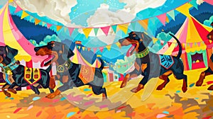 whimsical scene of dachshunds racing in traditional Bavarian lederhosen, large beer steins in the background, vibrant festival photo