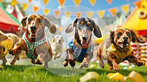 whimsical scene of dachshunds racing in traditional Bavarian lederhosen, large beer steins in the background, vibrant festival photo