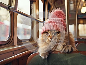 A whimsical scene featuring a cat wearing a pink tuque with a pom-pom, seated on a vintage bus. photo