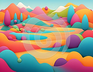 A whimsical scene showcasing a lively organic landscape of colorful, soft-edged blobs in various photo