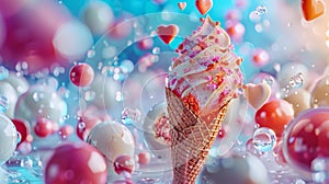 A whimsical scene of a soft-serve ice cream cone amid colorful hearts and baubles.