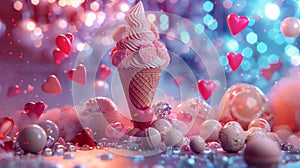 A whimsical scene of a soft-serve ice cream cone amid colorful hearts and baubles.