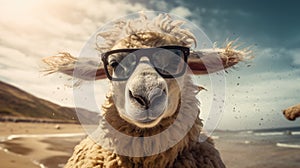 Whimsical sheep leaps onto the beach, sporting adorable sunglasses, a woolly beachcomber with flair, Ai Generated