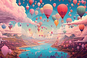 Whimsical Skies: dreamlike panorama featuring an otherworldly sky adorned with fluffy clouds, vibrant hot air balloons