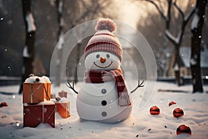 Whimsical snowman standing amidst a picturesque winter wonderland, a charming scene