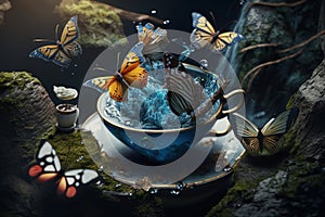 A Whimsical Soiree: Butterflies and Fairy Tale Insects Tea Party on a Waterfall Platform
