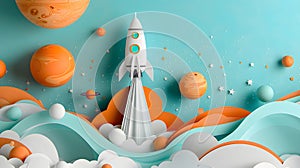 Whimsical space adventure in paper art style