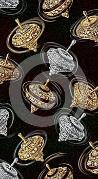 Whimsical Spinning Tops on Dark Background Pattern