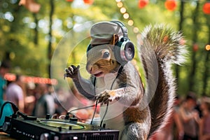 Whimsical Squirrel DJ Mixing Tunes At A Forest Party With Headphones And Hat. Generative AI