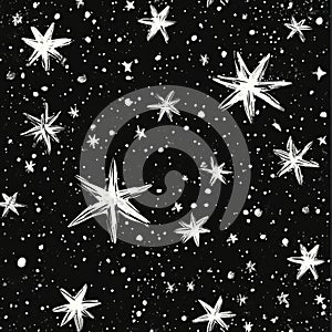 Whimsical starry night pattern on a black background