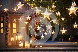 Whimsical starshaped lanterns hanging in a