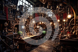 Whimsical steampunk inventor's workshop, cluttered with gears, gadgets, flying mechanical contraptions. Generative photo