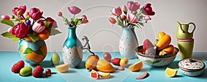 Whimsical still life. focusing on playful arrangements, color contrasts, and storytelling elements. Generative AI.