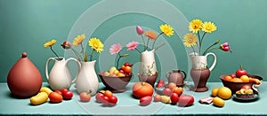 Whimsical still life. focusing on playful arrangements, color contrasts, and storytelling elements. Generative AI.