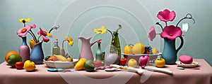 Whimsical still life. focusing on playful arrangements, color contrasts, and storytelling elements. Generative AI.