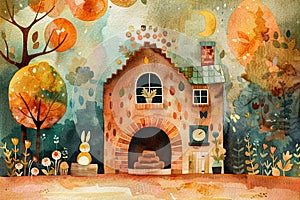 Whimsical storybook illustration of a cozy brick house surrounded by trees, a rabbit, and changing seasons