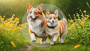 Whimsical Stroll: Red Cat and Corgi Dog, Furry Friends Walking in a Field of Greenery, Flowers, and Playful Rain