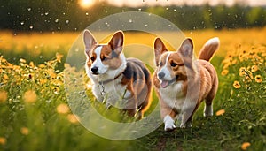 Whimsical Stroll: Red Cat and Corgi Dog, Furry Friends Walking in a Field of Greenery, Flowers, and Playful Rain