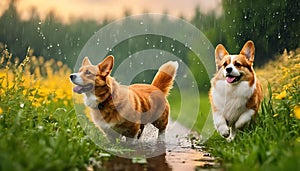 Whimsical Stroll: Red Cat and Corgi Dog, Furry Friends Walking in a Field of Greenery, Flowers, and Playful Rain