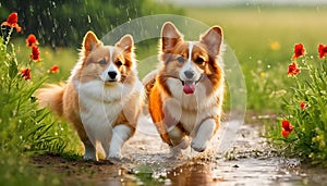 Whimsical Stroll: Red Cat and Corgi Dog, Furry Friends Walking in a Field of Greenery, Flowers, and Playful Rain