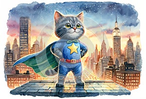 Whimsical Superhero Cat Overlooking Dusk Cityscape - AI generated digital art