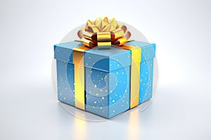 Whimsical Surprise: Blue Gift Box with a Vibrant Yellow Bow, Ready to Delight on a White Background