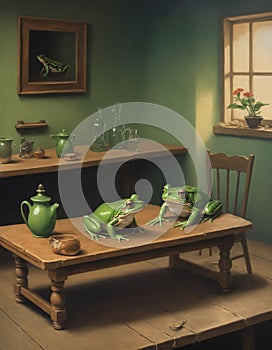 Whimsical Tea Time of Frogs in Cozy Room, AI Generated