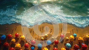 Whimsical top-down view of a sunny 3D cartoon beach, featuring colorful umbrellas and cheerful bea