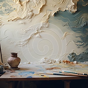 Whimsical Topography: Hyperrealistic Murals With Dark Aquamarine And Beige
