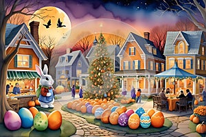 Whimsical Town Square Delight: Watercolor Portrayal - Easter Bunny Painting Eggs in One Corner, Halloween Magic Unfolding in