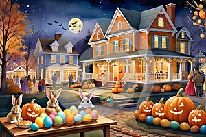 Whimsical Town Square Delight: Watercolor Portrayal - Easter Bunny Painting Eggs in One Corner, Halloween Magic Unfolding in